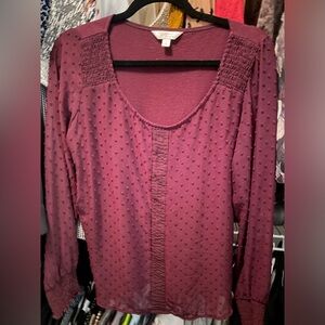 Lauren Conrad Burgundy Red Swiss Dot Long Sleeve Scoop Neck Blouse Size M